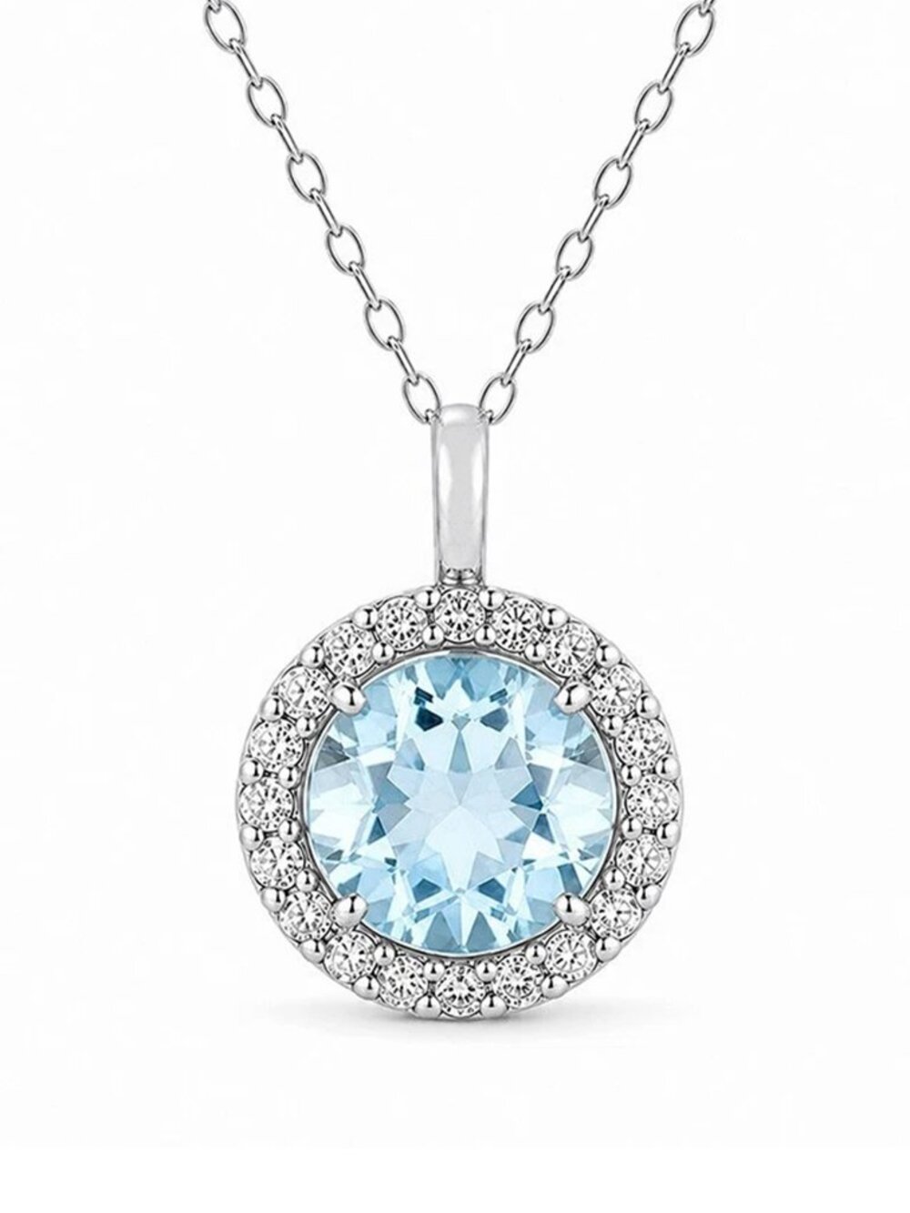 Genuine 0.75 Cts Aquamarine & Diamonds Necklace Solid .925 Sterling Silver - Picture 1 of 6